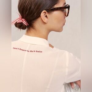 Reformation white sheer button up with embroidery